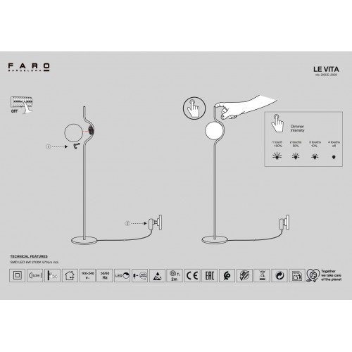 LE VITA Φωτιστικό Δαπέδου Μαύρο Με Οπάλ Γυαλί - LED 6W DIMMABLE FARO