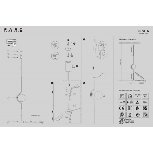 LE VITA Κρεμαστό / Δαπέδου Φωτιστικό Μαύρο Με Οπάλ Γυαλί - LED 6W FARO