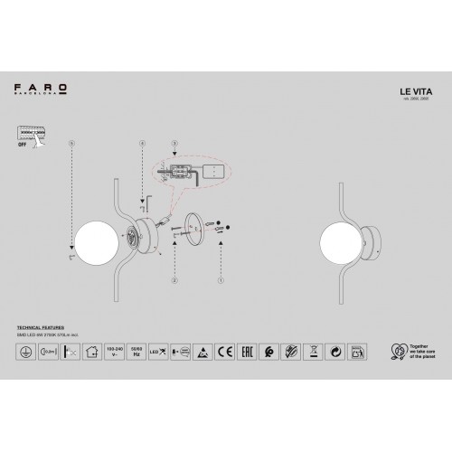 LE VITA Επιτοίχιο Φωτιστικό Μαύρο Με Οπάλ Γυαλί - LED 6W FARO