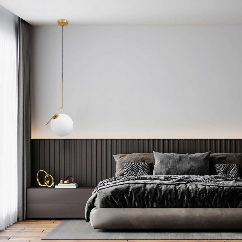 Μοντέρνο Κρεμαστό Φωτιστικό Οροφής Μονόφωτο 1 x E27 Χρυσό - Λευκό Μεταλλικό Μπάλα Φ30 x Υ75cm