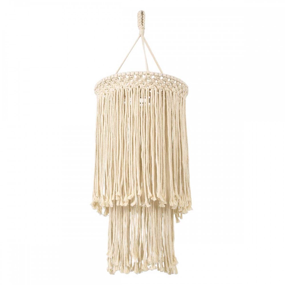 Καπέλο Φωτιστικού Boho - Μακραμέ Πλεκτό Χειροποίητο Μπεζ Υφασμάτινο με Σχοινί Φ30 x Υ85cm ZAMBIA