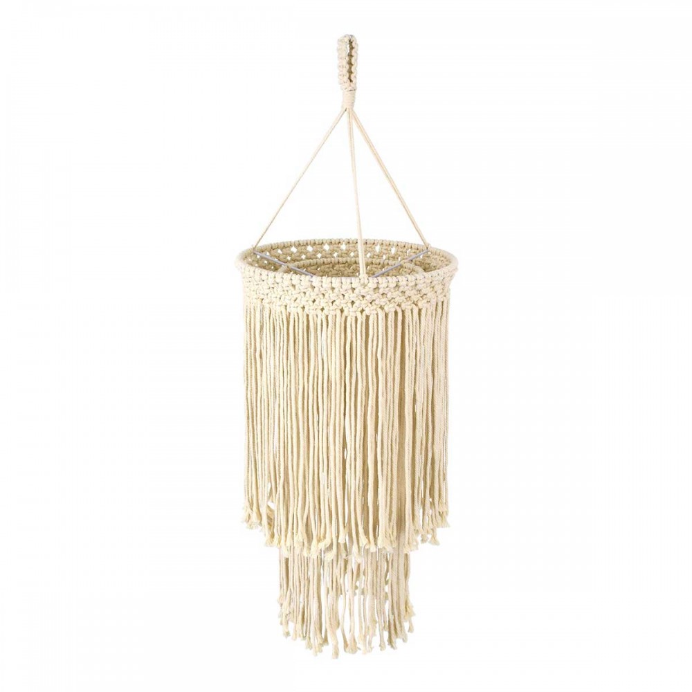 Καπέλο Φωτιστικού Boho - Μακραμέ Πλεκτό Χειροποίητο Μπεζ Υφασμάτινο με Σχοινί Φ30 x Υ85cm ZAMBIA