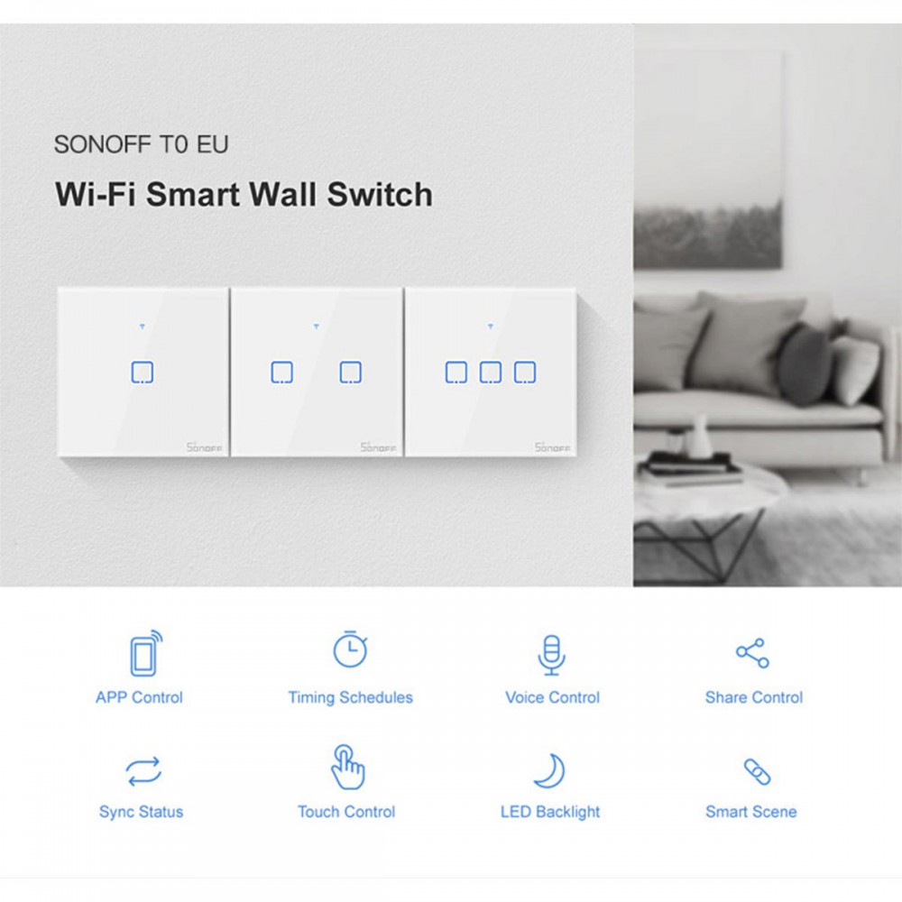 SONOFF T0EU3C-TX-EU-R2 - Wi-Fi Smart Wall Touch Button Switch 3 Way TX GR Series