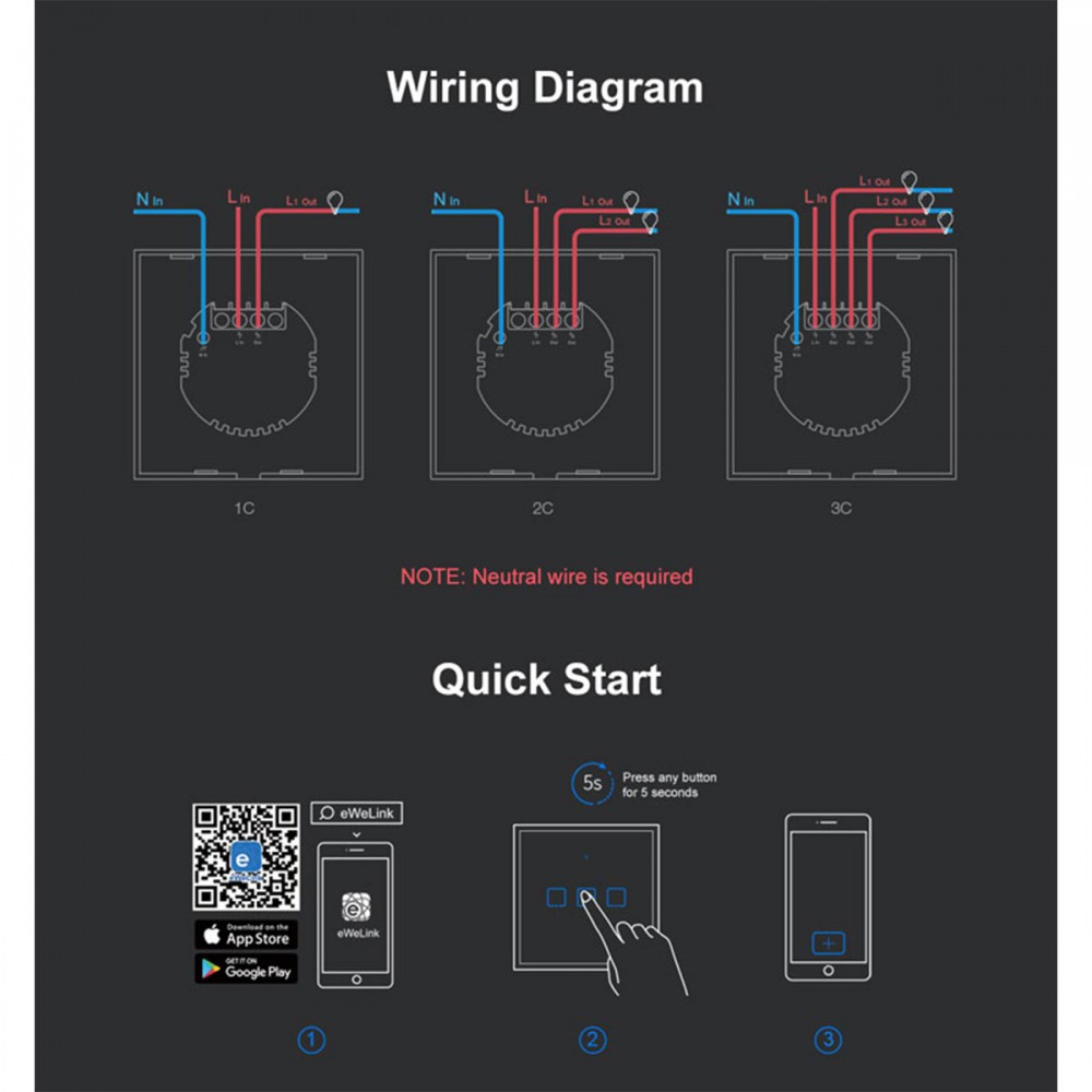 SONOFF T3EU3C-TX-EU-R2 - Wi-Fi Smart Wall Touch Button Switch 3 Way TX GR Series