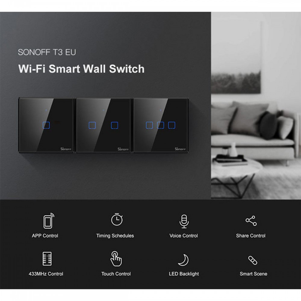 SONOFF T3EU3C-TX-EU-R2 - Wi-Fi Smart Wall Touch Button Switch 3 Way TX GR Series