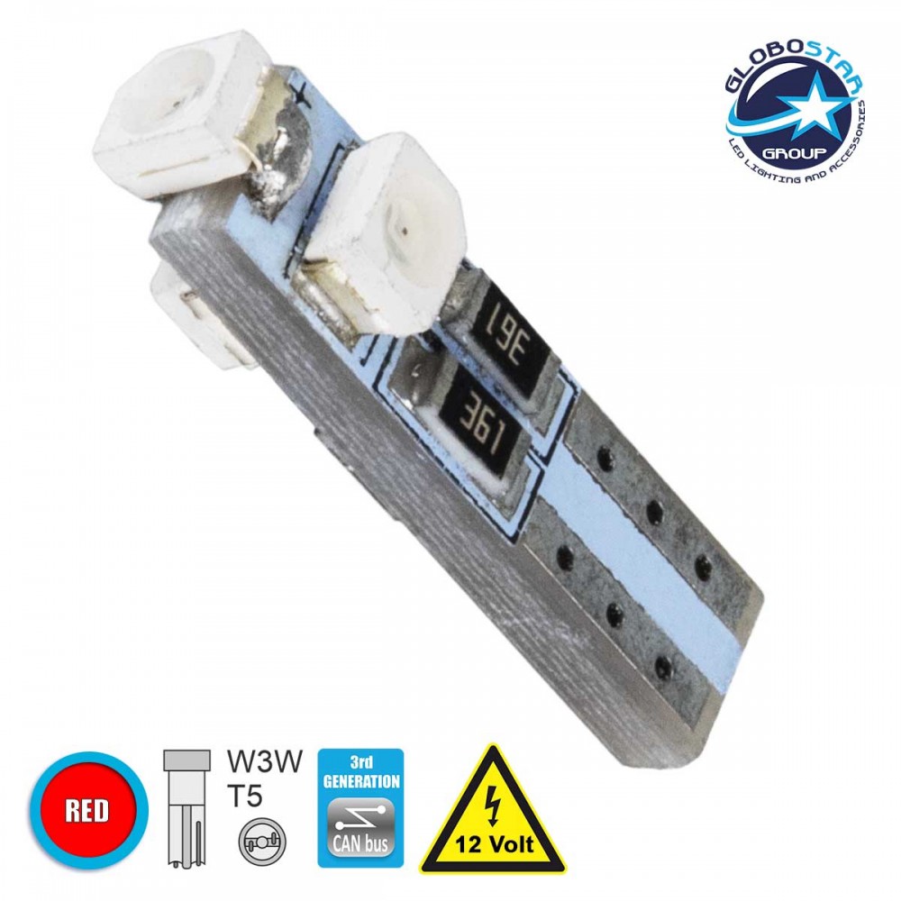 Λάμπα Αυτοκινήτου T5 3rd Generation Can-Bus LED 3 SMD 1210 0.6W 90lm 360° DC 12V IP20 Κόκκινο - GloboStar