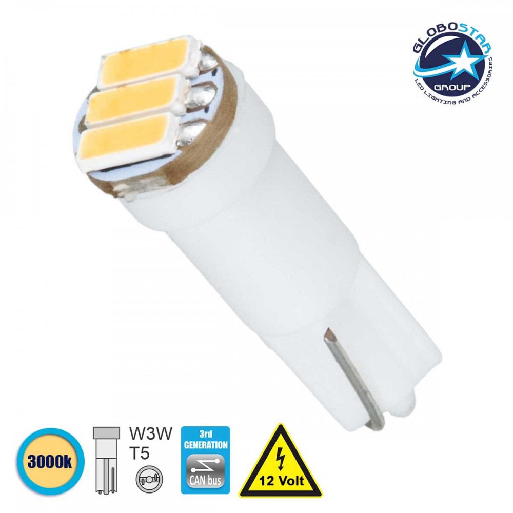 Λάμπα Αυτοκινήτου T5 3rd Generation Can-Bus LED 3 SMD 4014 0.6W 120lm 120° DC 12V IP20 - GloboStar