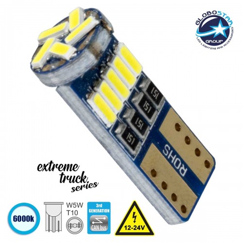 Λαμπτήρας LED T10 Can Bus με 15 SMD 4014 Samsung Chip 12v 6000k GloboStar