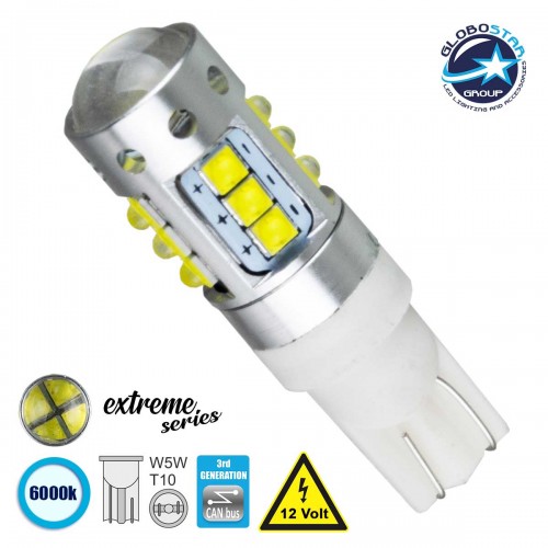 Λάμπα Αυτοκίνητου T10 W5W 3rd Generation Can-Bus Extreme Series LED 16 CREE XBD 15W 2115lm 360° DC 12V IP20 Ψυχρό Λευκό 6000K GloboStar 