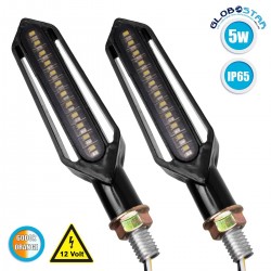 GloboStar ΣΕΤ 2 x Φλάς Μοτοσυκλέτας Universal Knife LED SMD 5050 5W DC 12V 2 Λειτουργιών Λευκό 6000K για Φώτα Ημέρας & με Τρεχούμενο Εφέ Φωτισμού Πορτοκαλί για Φλας Αδιάβροχα IP65