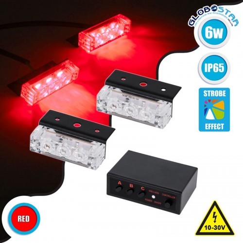 PRO Series ΣΕΤ 2 x Μπάρες Σήμανσης Οχήματος Πυροσβεστικής για Αυτοκίνητα & Φορτηγά 3 Προγραμμάτων Φωτισμού STROBE LED HIGH POWER 6W DC 10-30V Αδιάβροχο IP65 Κόκκινο