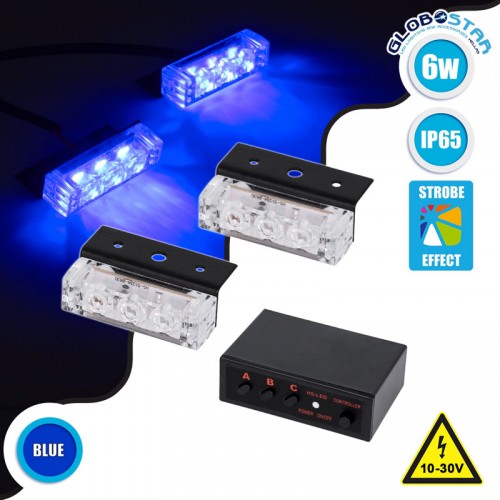 PRO Series ΣΕΤ 2 x Μπάρες Σήμανσης Οχήματος Αστυνομίας για Αυτοκίνητα & Φορτηγά 3 Προγραμμάτων Φωτισμού STROBE LED HIGH POWER 6W DC 10-30V Αδιάβροχο IP65 Μπλε Globostar