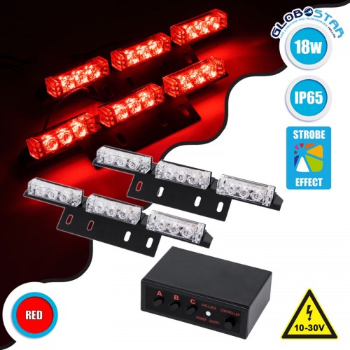 PRO Series ΣΕΤ 2 x Μπάρες Σήμανσης Οχήματος Πυροσβεστικής για Αυτοκίνητα & Φορτηγά 3 Προγραμμάτων Φωτισμού STROBE LED HIGH POWER 18W DC 10-30V Αδιάβροχο IP65 Κόκκινο Globostar