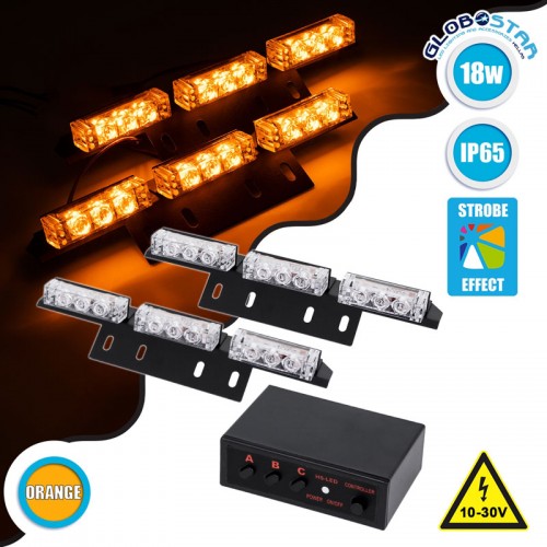 PRO Series ΣΕΤ 2 x Μπάρες Σήμανσης Οχήματος Οδικής Βοήθείας για Αυτοκίνητα & Φορτηγά 3 Προγραμμάτων Φωτισμού STROBE LED HIGH POWER 18W DC 10-30V Αδιάβροχο IP65 Πορτοκαλί Globostar