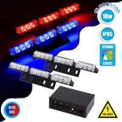 PRO Series ΣΕΤ 2 x Μπάρες Σήμανσης Οχήματος Αστυνομίας για Αυτοκίνητα & Φορτηγά 3 Προγραμμάτων Φωτισμού STROBE LED HIGH POWER 18W DC 10-30V Αδιάβροχο IP65 Μπλε & Κόκκινο Globostar
