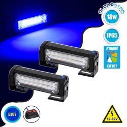 PRO Series ΣΕΤ 2 x Μπάρες Σήμανσης Οχήματος Αστυνομίας για Αυτοκίνητα & Φορτηγά 13 Προγραμμάτων Φωτισμού STROBE LED CREE CXB COB 18W DC 10-30V Αδιάβροχο IP65 Μπλε GloboStar