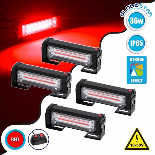 PRO Series ΣΕΤ 4 x Μπάρες Σήμανσης Οχήματος Πυροσβεστικής για Αυτοκίνητα & Φορτηγά 13 Προγραμμάτων Φωτισμού STROBE LED CREE CXB COB 36W DC 10-30V Αδιάβροχο IP65 Κόκκινο GloboStar