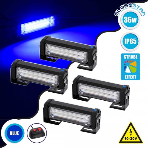 PRO Series ΣΕΤ 4 x Μπάρες Σήμανσης Οχήματος Αστυνομίας για Αυτοκίνητα & Φορτηγά 13 Προγραμμάτων Φωτισμού STROBE LED CREE CXB COB 36W DC 10-30V Αδιάβροχο IP65 Μπλε GloboStar