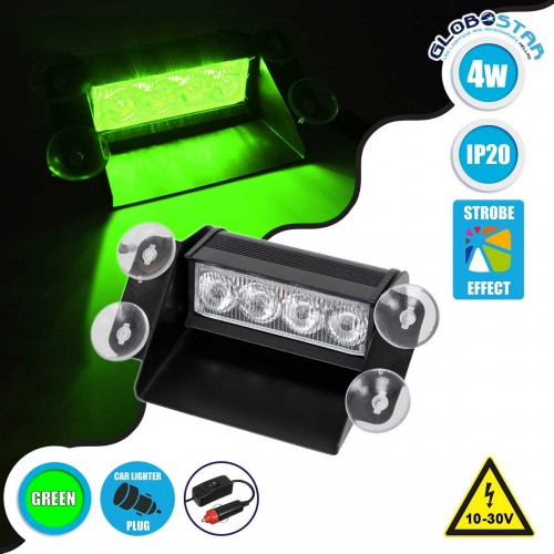 PRO Series Μπάρα Σήμανσης με Βεντούζες Στήριξης για Παρμπρίζ Οχήματος Security - Ασφαλείας για Αυτοκίνητα & Φορτηγά 9 Προγραμμάτων Φωτισμού STROBE LED SMD 4W DC 10-30V IP20 Πράσινο Globostar