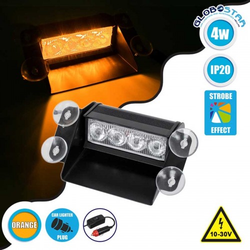 PRO Series Μπάρα Σήμανσης με Βεντούζες Στήριξης για Παρμπρίζ Οχήματος Οδικής Βοήθειας για Αυτοκίνητα & Φορτηγά 9 Προγραμμάτων Φωτισμού STROBE LED SMD 4W DC 10-30V IP20 Πορτοκαλί Globostar