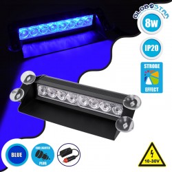 PRO Series Μπάρα Σήμανσης με Βεντούζες Στήριξης για Παρμπρίζ Οχήματος Αστυνομίας για Αυτοκίνητα & Φορτηγά 9 Προγραμμάτων Φωτισμού STROBE LED SMD 8W DC 10-30V IP20 Μπλε Globostar