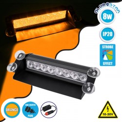 PRO Series Μπάρα Σήμανσης με Βεντούζες Στήριξης για Παρμπρίζ Οχήματος Οδικής Βοήθειας για Αυτοκίνητα & Φορτηγά 9 Προγραμμάτων Φωτισμού STROBE LED SMD 8W DC 10-30V IP20 Πορτοκαλί Globostar
