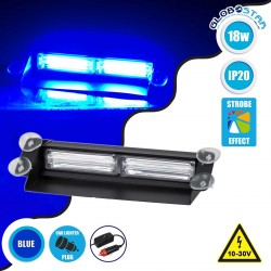 PRO Series Μπάρα Σήμανσης με Βεντούζες για Παρμπρίζ Οχήματος Αστυνομίας για Αυτοκίνητα & Φορτηγά 13 Προγραμμάτων Φωτισμού STROBE LED CREE CXB COB 18W DC 10-30V IP20 Μπλε GloboStar
