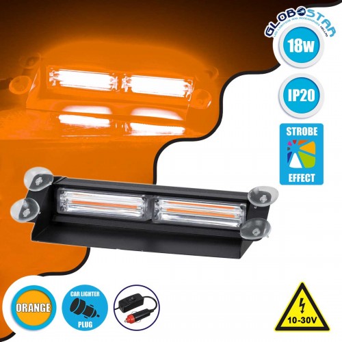 PRO Series Μπάρα Σήμανσης με Βεντούζες για Παρμπρίζ Οχήματος Οδικής Βοήθείας για Αυτοκίνητα & Φορτηγά 13 Προγραμμάτων Φωτισμού LED CREE CXB COB 18W DC 10-30V IP20 Πορτοκαλί GloboStar