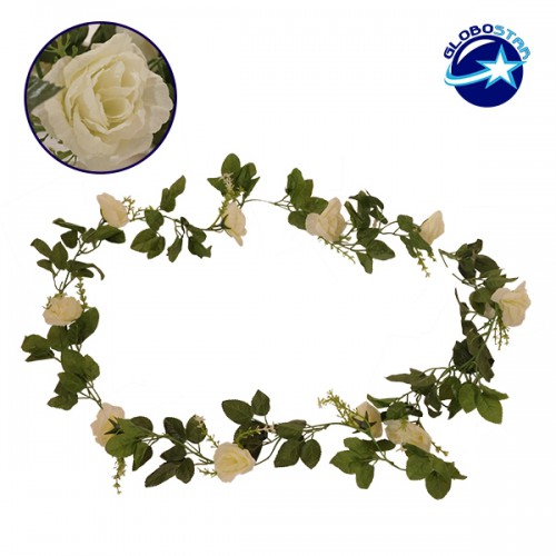 Τεχνητό Κρεμαστό Φυτό Διακοσμητική Γιρλάντα Μήκους 2.2 μέτρων με 10 X Μεγάλα Τριαντάφυλλα Λευκά GloboStar