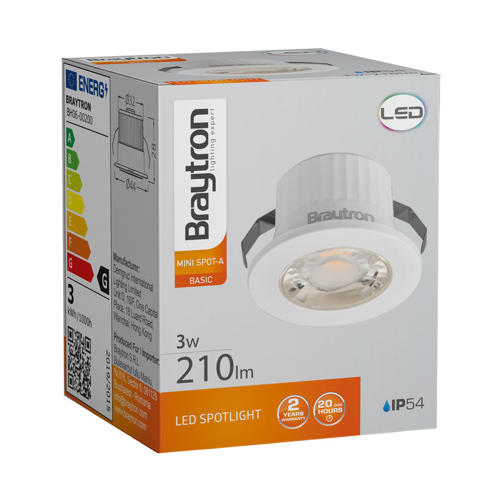 Χωνευτό MINISPOT Άσπρο 3W IP54 38D 3000K - Braytron