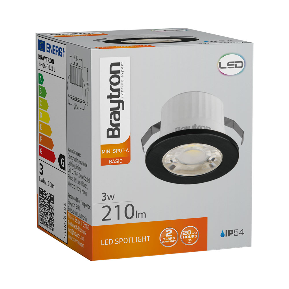 Χωνευτό MINISPOT Μαύρο 3W IP54 38D 4000K - Braytron
