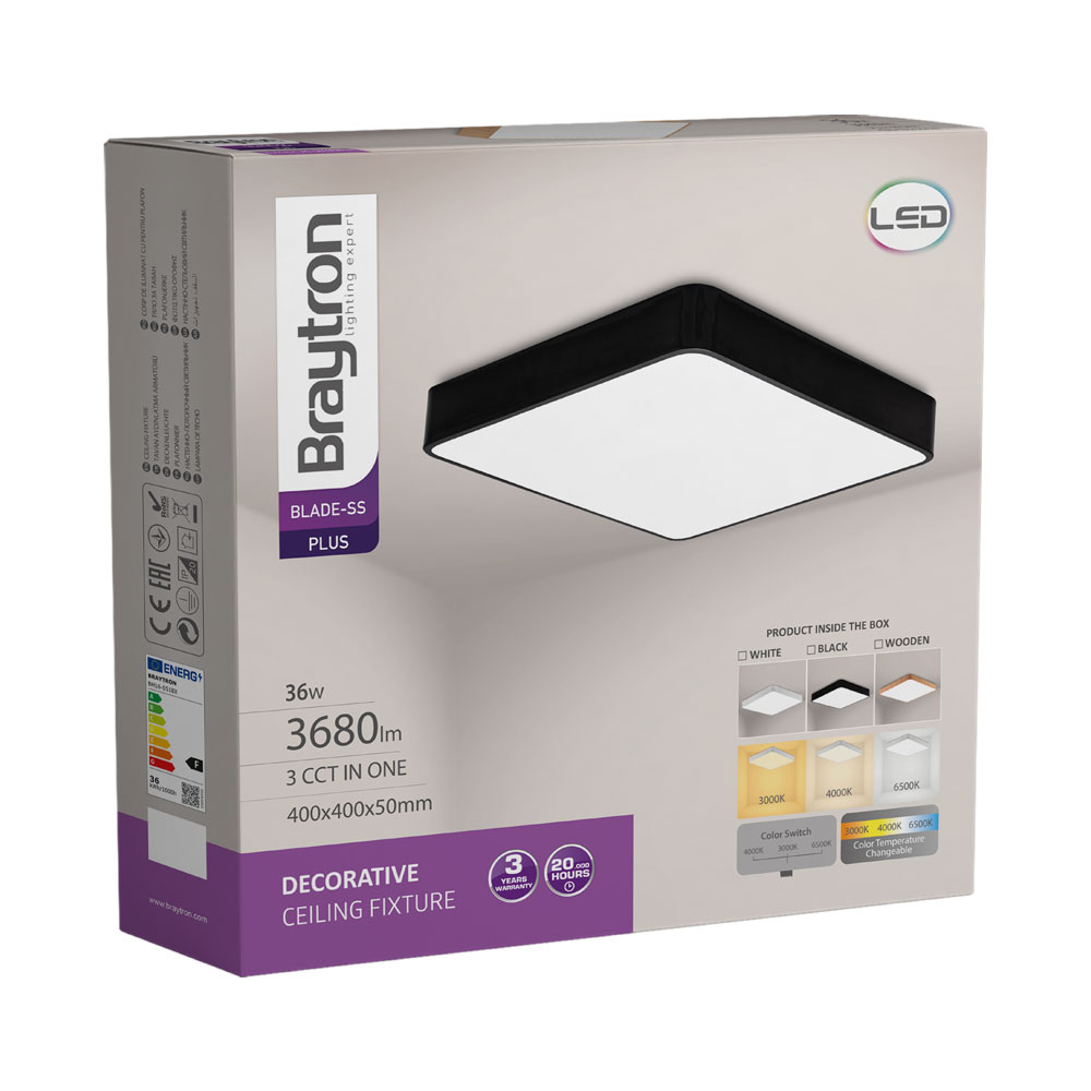 Πλαφονιέρα Blade 36W, CCT, 3680 lm, 40x40x5cm Μαύρη - Braytron