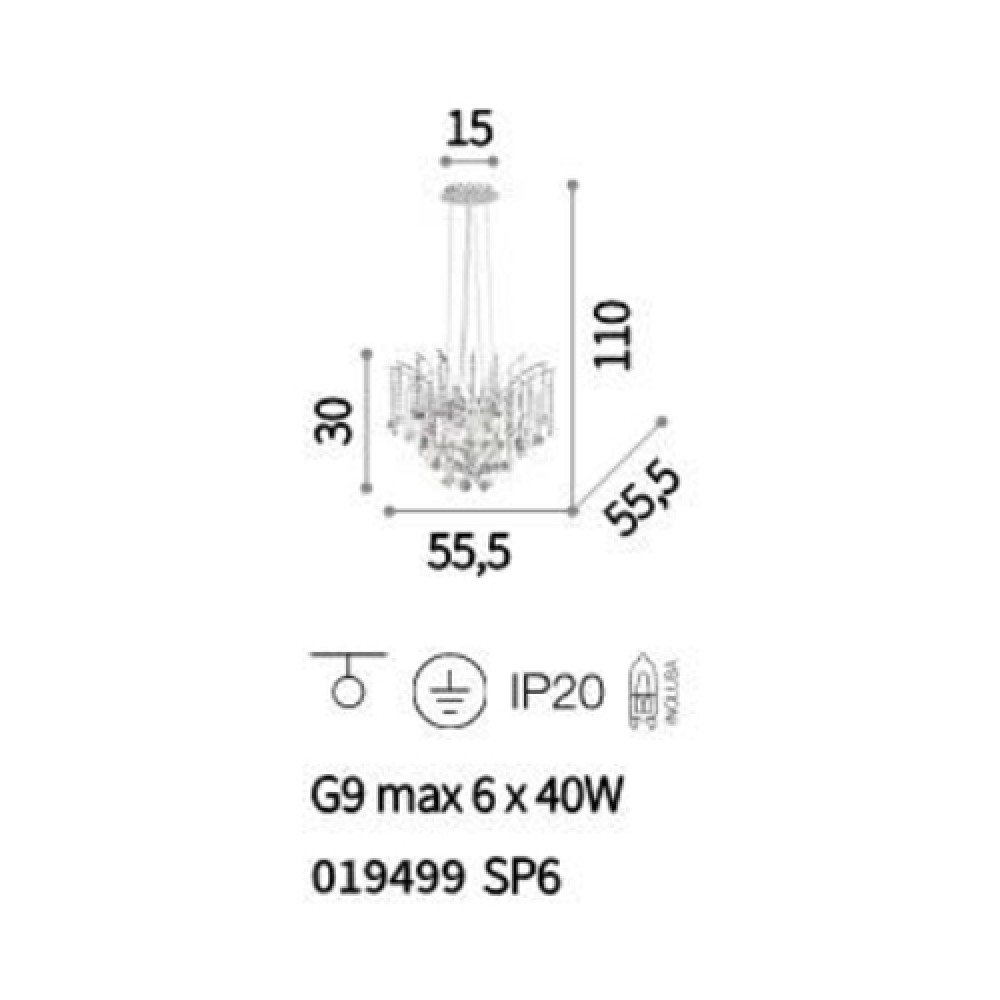 Κρεμαστό Κλασσικό Φωτιστικό Με Κρύσταλλα 6x G9 40W ø55.5cm AUDI-77 SP6 IDEAL LUX