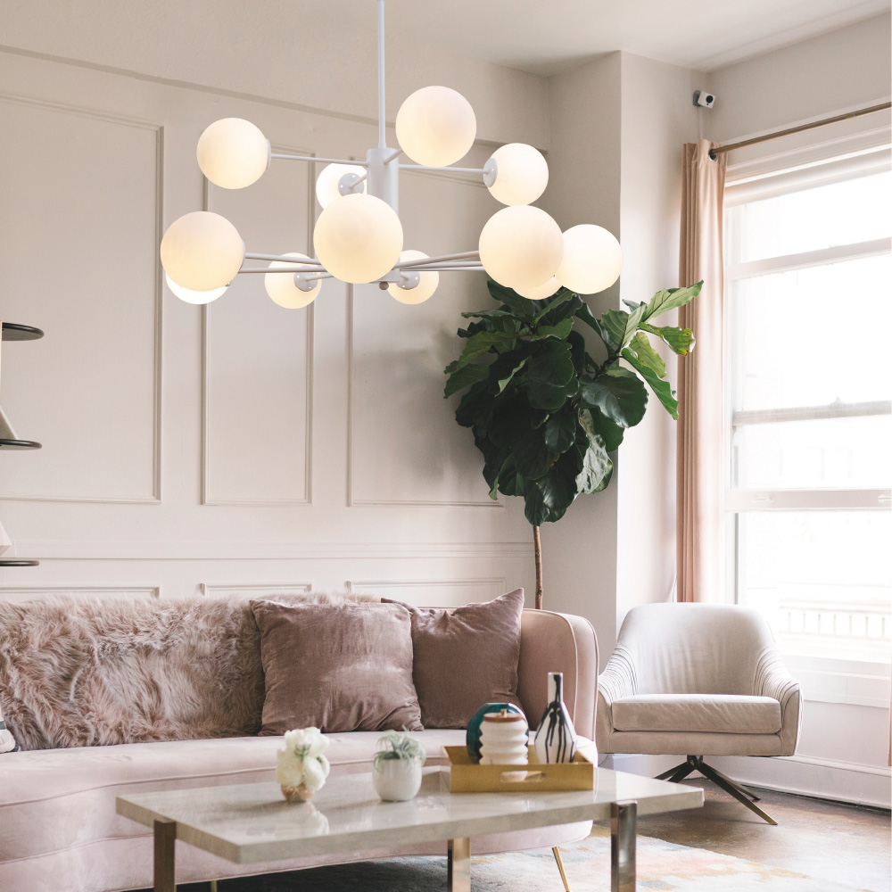 Κρεμαστό φωτιστικό από λευκό μέταλλο και λευκή οπαλίνα 12XG9 D:90cm - InLight