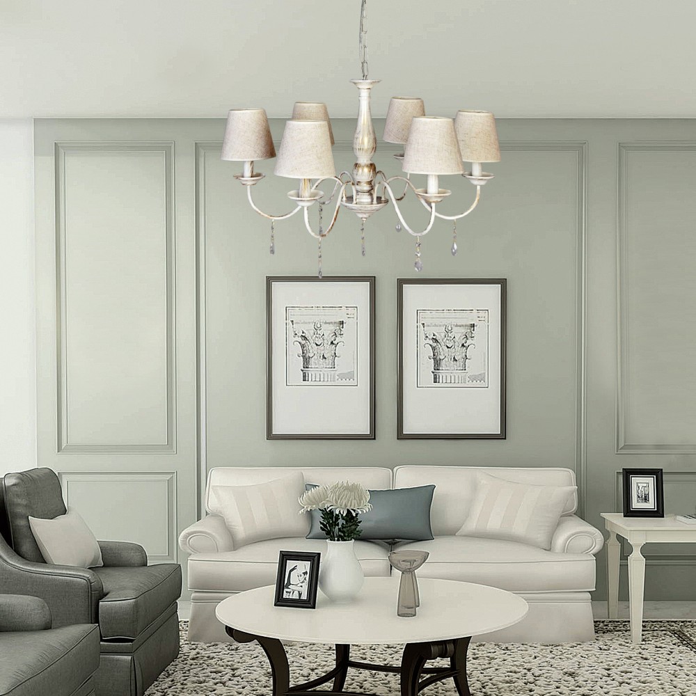 Κρεμαστό Φωτιστικό Από Λευκή Πατίνα, Κρύσταλλα και Υφασμάτινο Καπέλο 6xE14 - InLight