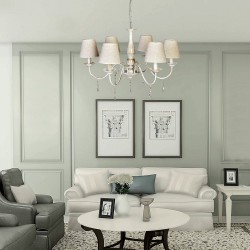 Κρεμαστό Φωτιστικό Από Λευκή Πατίνα, Κρύσταλλα και Υφασμάτινο Καπέλο 6xE14 - InLight