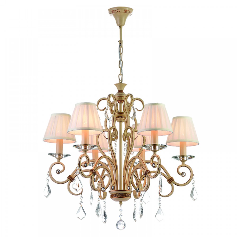 Κρεμαστό Φωτιστικό Από Μπεζ Μέταλλο Κρύσταλλα και Υφασμάτινο Καπέλο 6X E27 - InLight