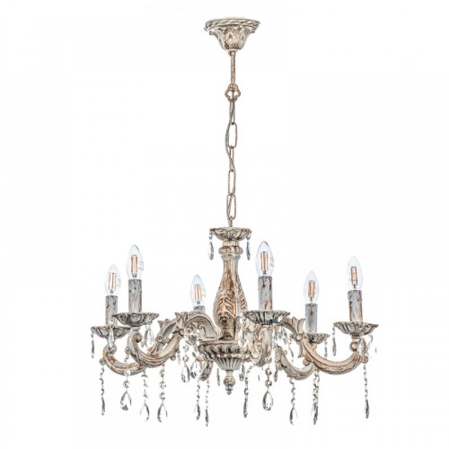 Κρεμαστό Φωτιστικό από Μέταλλο σε Μπεζ Πατίνα και Κρύσταλλα 6X E14 - InLight