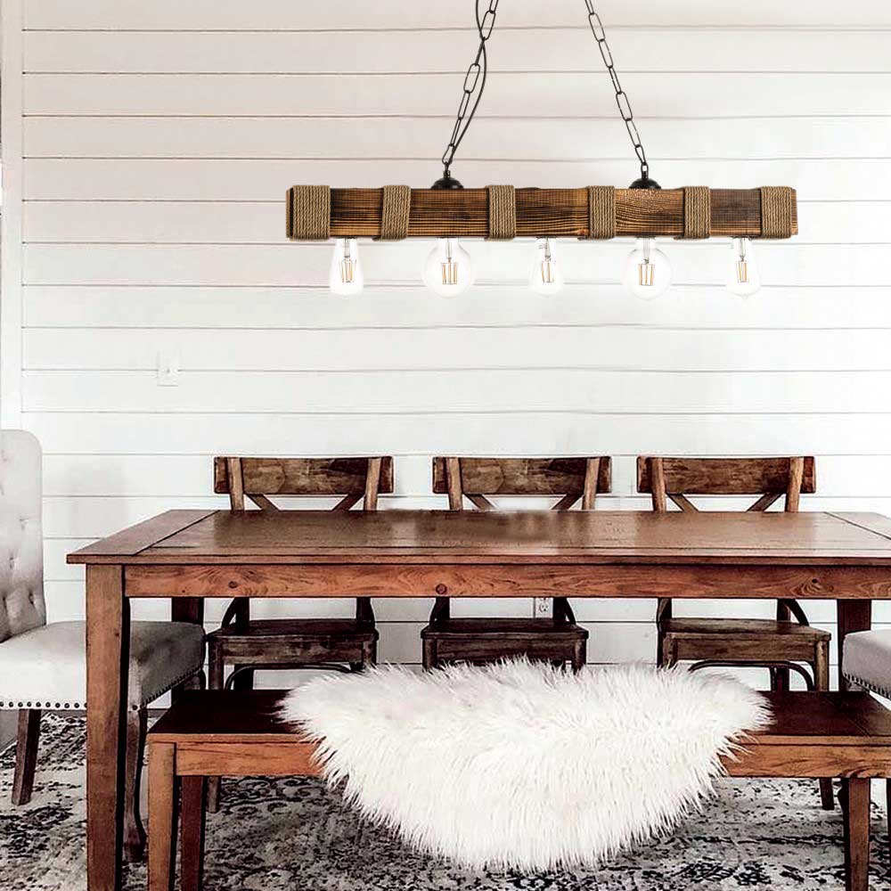 Κρεμαστό Φωτιστικό Από Ξύλο Και Σχοινί 5xE27 - InLight