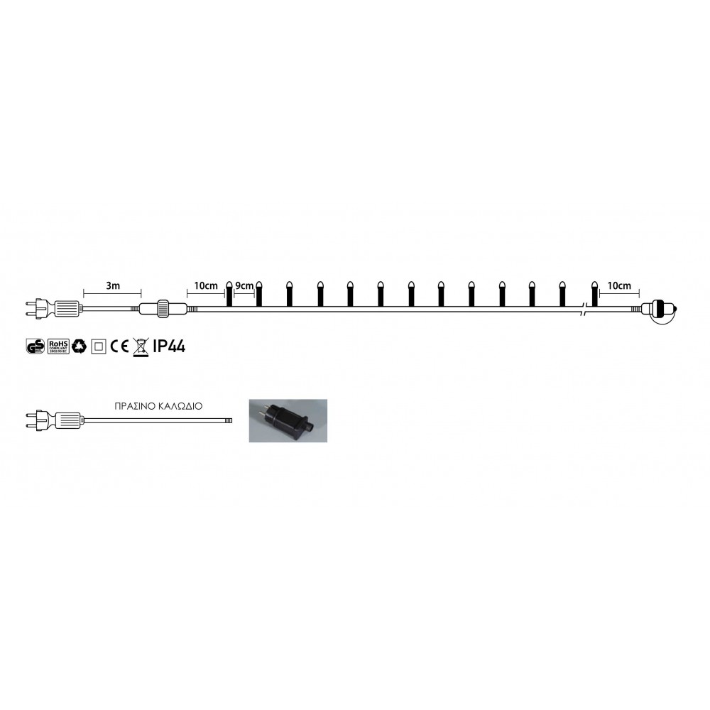 400 Led - 10 σειρές * 40 λαμπάκια στη σειρά των Με Επέκταση Και Μετασχηματιστή ip44,Πράσινο Καλώδιο/Θερμό Amber Λαμπάκι ,39 Μέτρα συνολο 