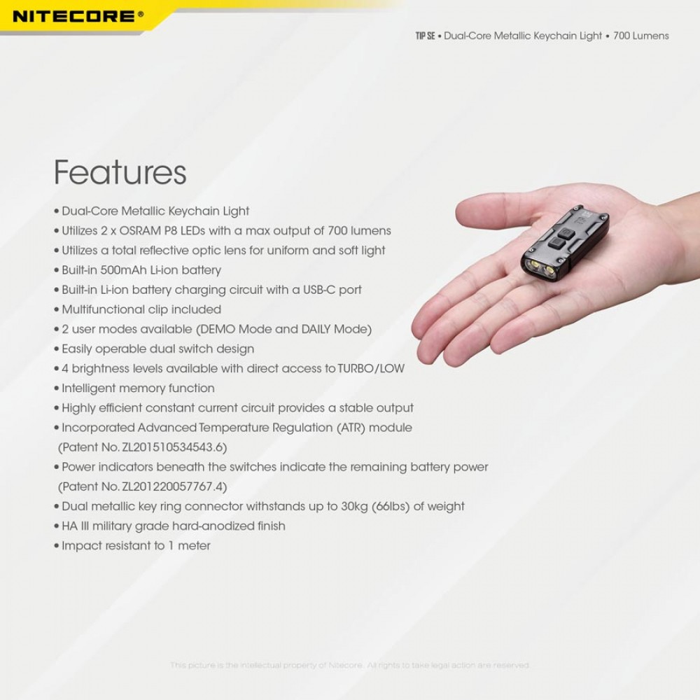 ΦΑΚΟΣ LED NITECORE TIP SE, Μπρελόκ, Rechargeable, Black