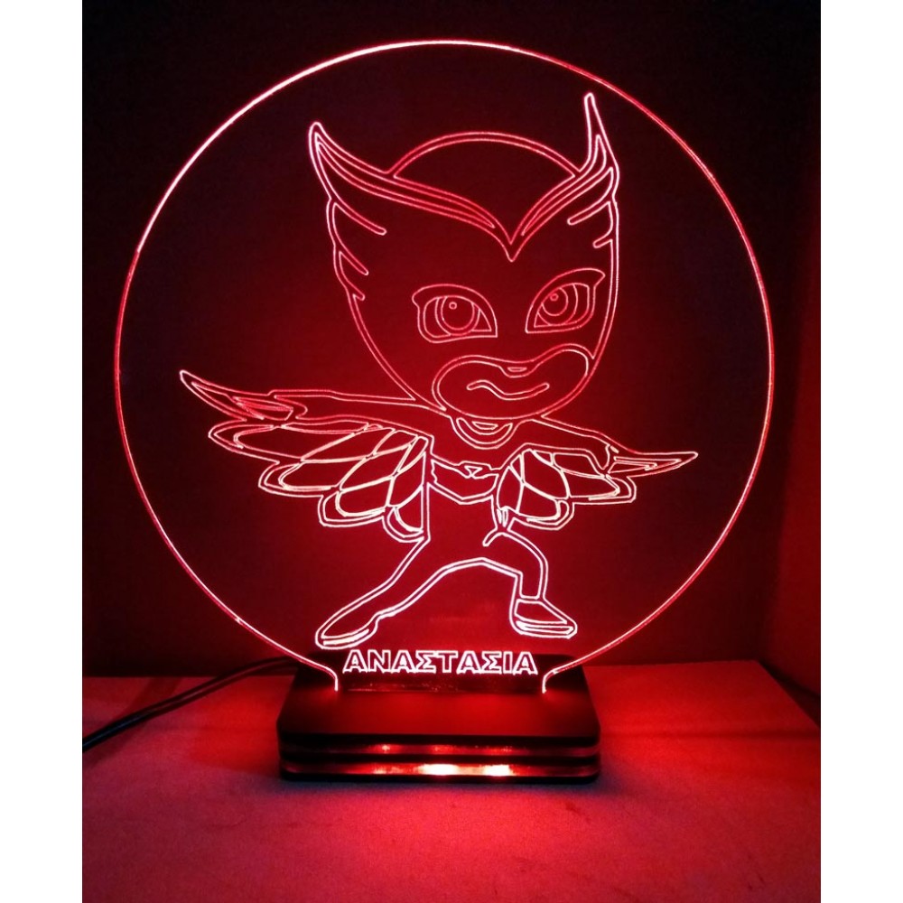 LED Φωτιστικό Χαραγμένο Plexiglass Με Σχέδιο Πιτζαμοήρωες, Owlette Με Διακόπτη ON/OFF Plexi