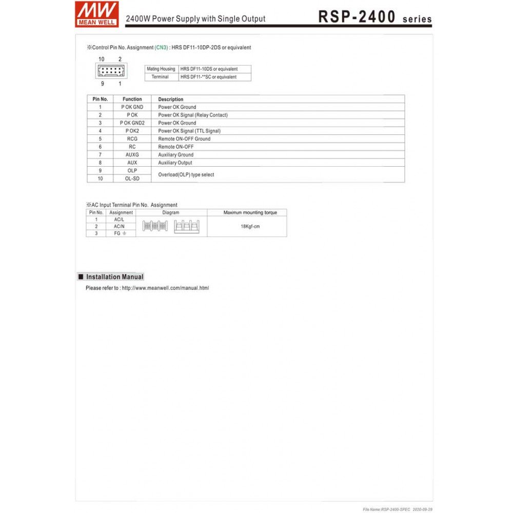 ΤΡΟΦΟΔΟΤΙΚΟ 2400W/24V/100A PFC PARALLEL RSP2400-24 MEAN WELL