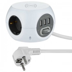 Πολύπριζος Κύβος Με 3 Πρίζες 16A Και 3 Θήρες USB 2.4A 5V Και Ασύρματη Φόρτιση - Universe