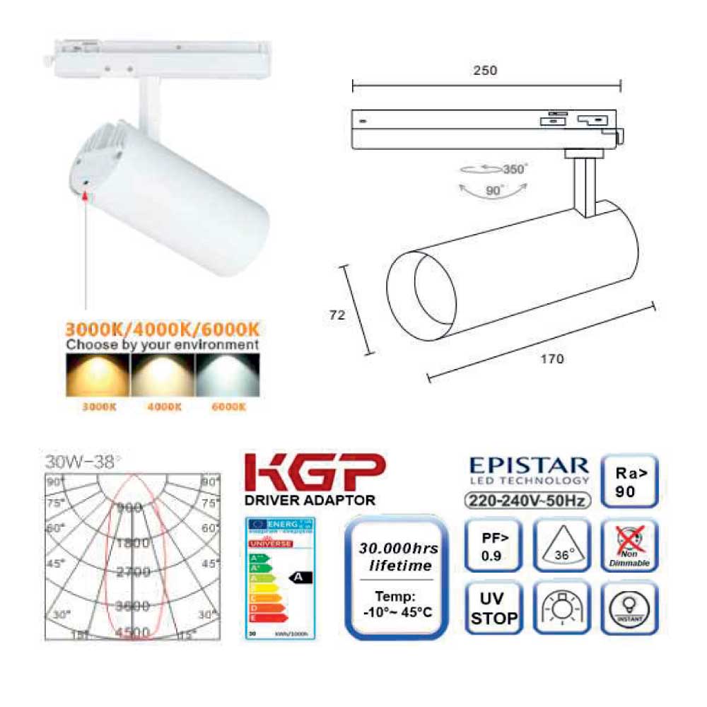 Σποτ ράγας 30W LED COB με τριφασικό αντάπτορα CCT tunable - Μαύρο - UNIVERSE