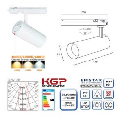 Σποτ ράγας 30W LED COB με τριφασικό αντάπτορα CCT tunable - Μαύρο - UNIVERSE