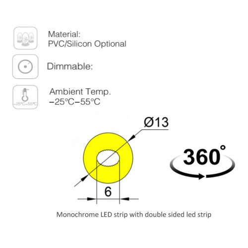 5 Μέτρα - ROUND NEON FLEX LED TAINIA ΔΥΟ ΟΨΕΩΝ Φ13mm 18W 24V 1800lm 360° IP65 DIMMABLE UNIVERSE