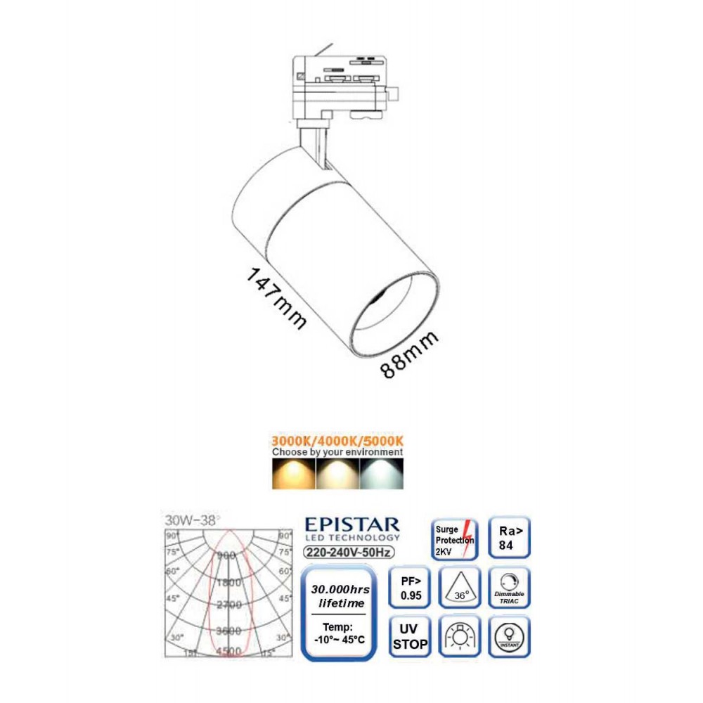 Σποτ ράγας 30W LED COB με τριφασικό αντάπτορα CCT tunable - Μαύρο - UNIVERSE