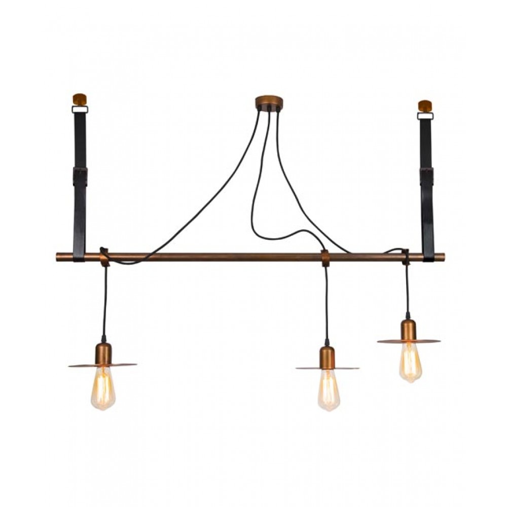 Vintage Κρεμαστό Φωτιστικό Τρίφωτο Με Κόκκινη Οξείδωση με Δερμάτινες Ζώνες 3xE27 - ZAMBELIS LIGHTS