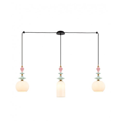 Κρεμαστό Τρίφωτο Φωτιστικό Με Κεραμικά Στοιχεία και Γυαλί Οπαλίνα σε διάταξη ράγας 3x E27 - Zambelis Lights